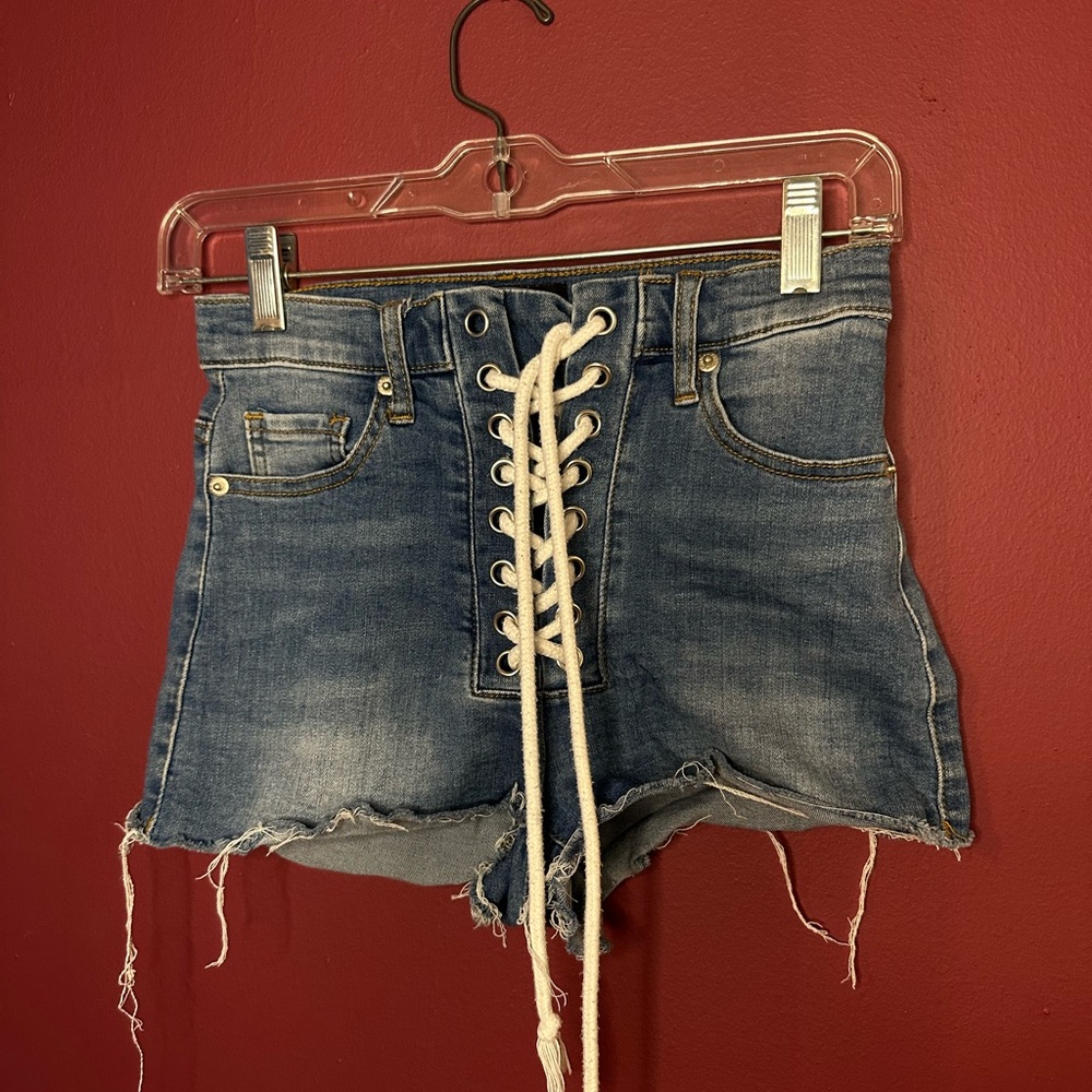 AKIRA Blue Lace-Up Jean Shorts